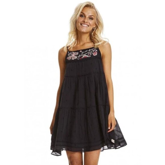 Odd Molly Anthropologie Embroidered Mini Dress Black Lace Slip Tiered XS 184269 - Picture 1 of 6